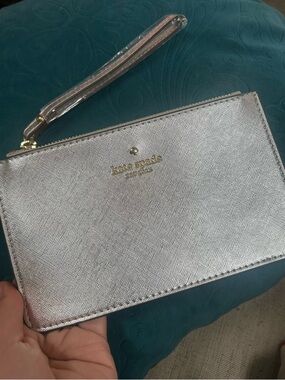 NEW! Kate Spade Metallic Silver Wristlet Clutch with Gold Logo